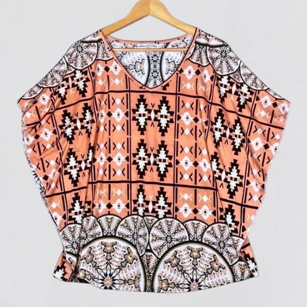 Stem & Vine Womens Coral/Black/White Blouse M Geometric Aztec V Neck